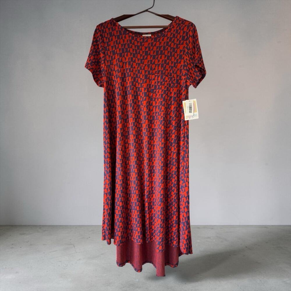 NWT LuLaRoe Carly Dress Womens Size L Geometric Hi-Low Hem Casual Short Sleeves